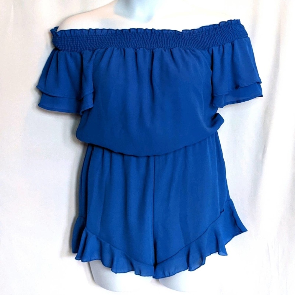 Altar'd State Off-The-Shoulder Romper Blue